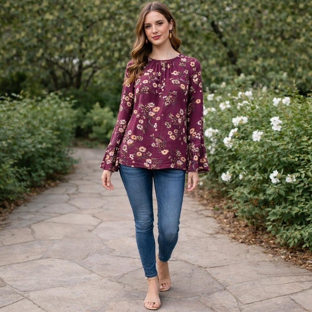 Red Dolly M Burgundy Floral Ruffle Tiered Sleeve Top Made in‎ USA RL1714 Boho